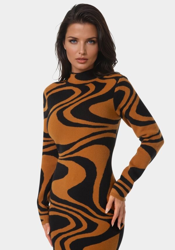 bebe1602_brown-black_4_430b84a6-de9c-4e85-a87f-ae302d90dc33 Jacquard Funnel Midi Sweater Dress