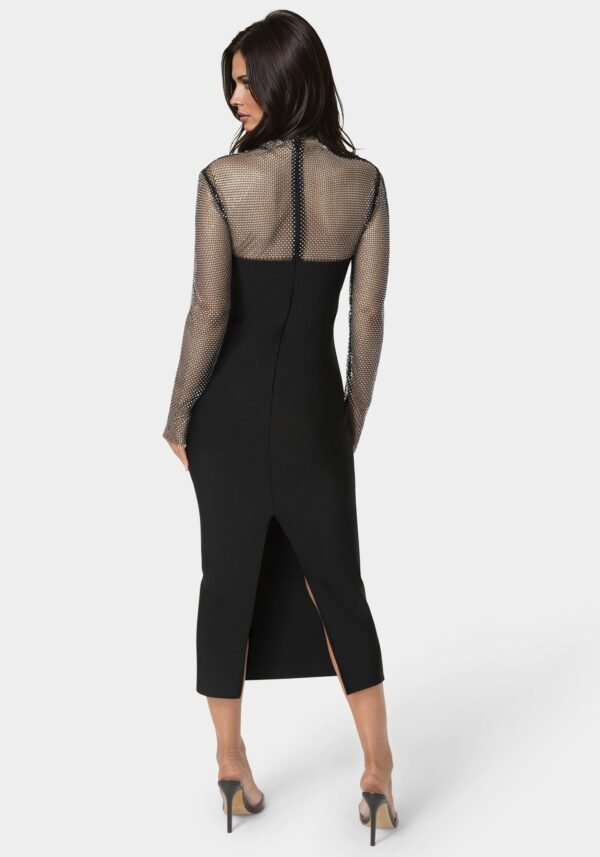 Long Sleeve Bandage Midi Dress with Crystal Mesh Combo